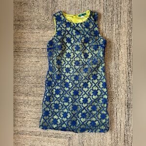 Pim + Larkin Blue Floral Embroidered Overlay Dress with Lime Underlay Boho Retro